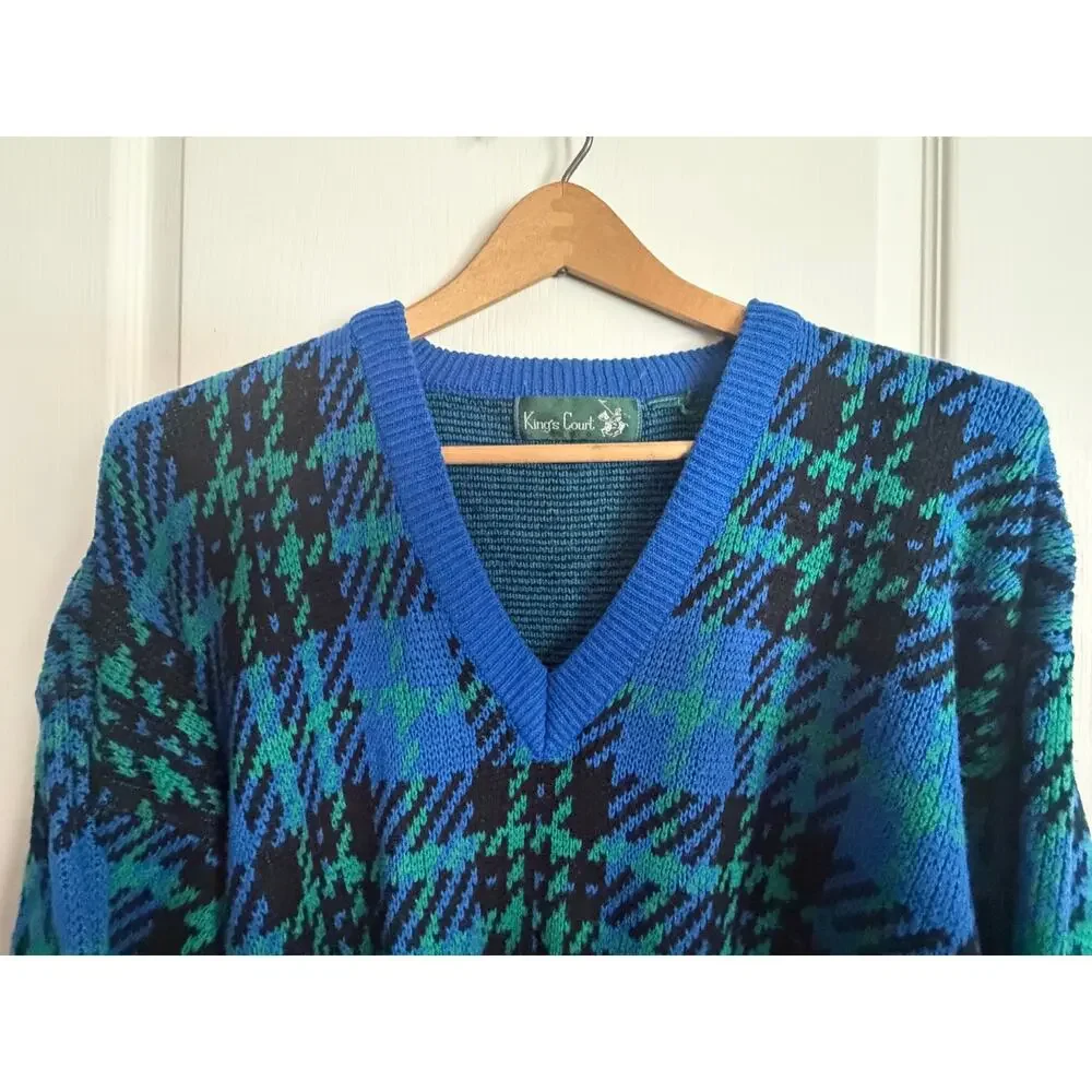 Vintage King’s Court Blue Green Plaid V Neck Knit Sweater Men’s L